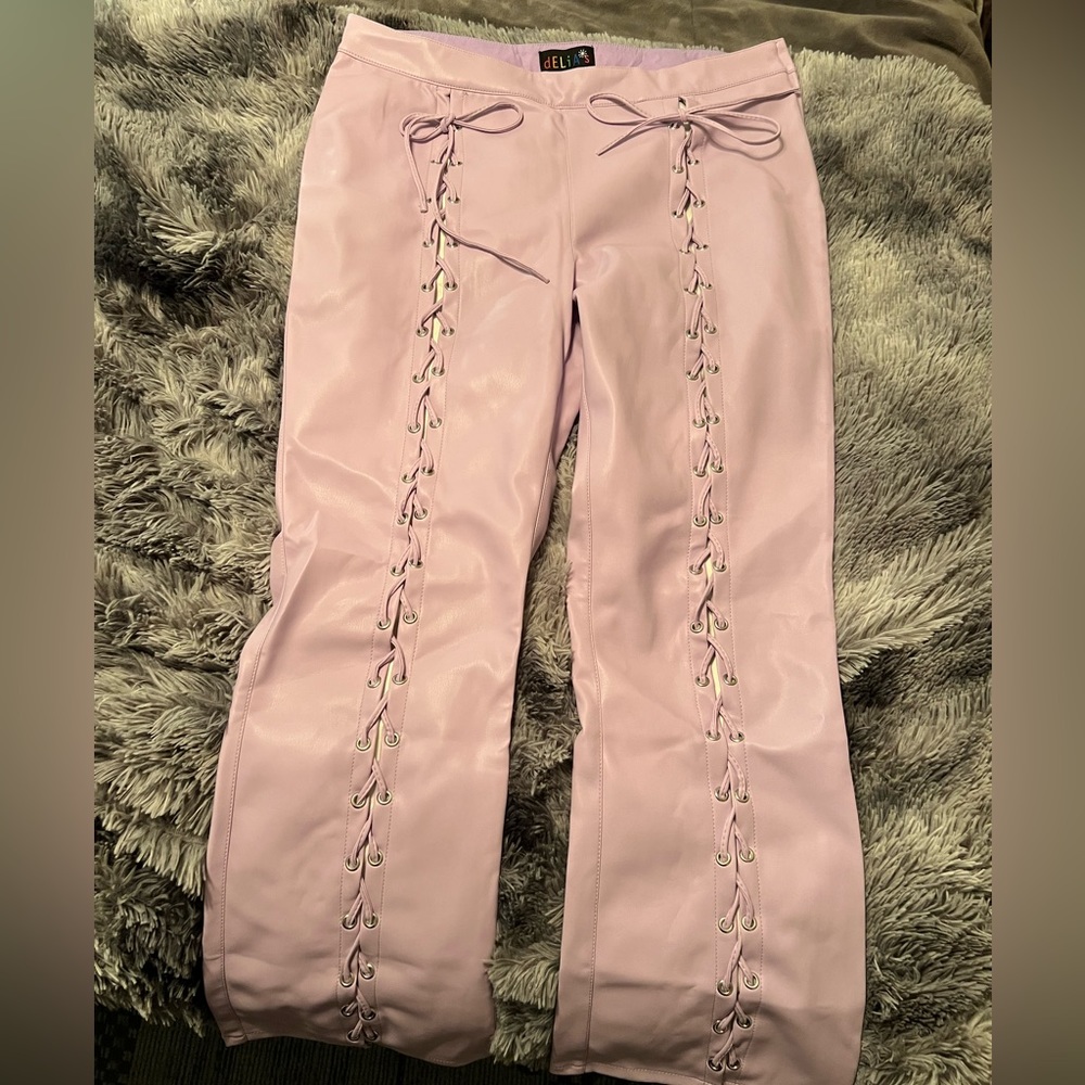 Purple lace up faux leather pants
